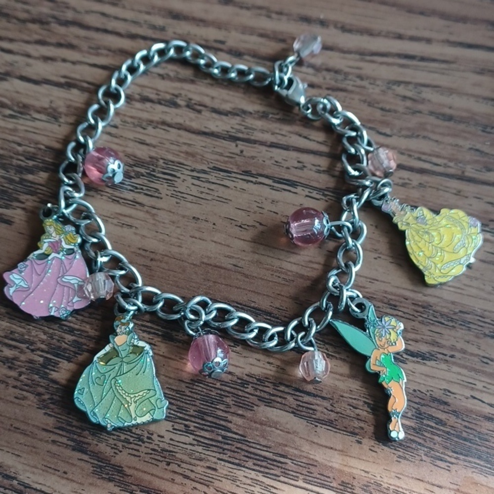 Disney Princess Silver 4 Charm Bracelet Tinkerbell, Belle, Cinderella, SleepingB